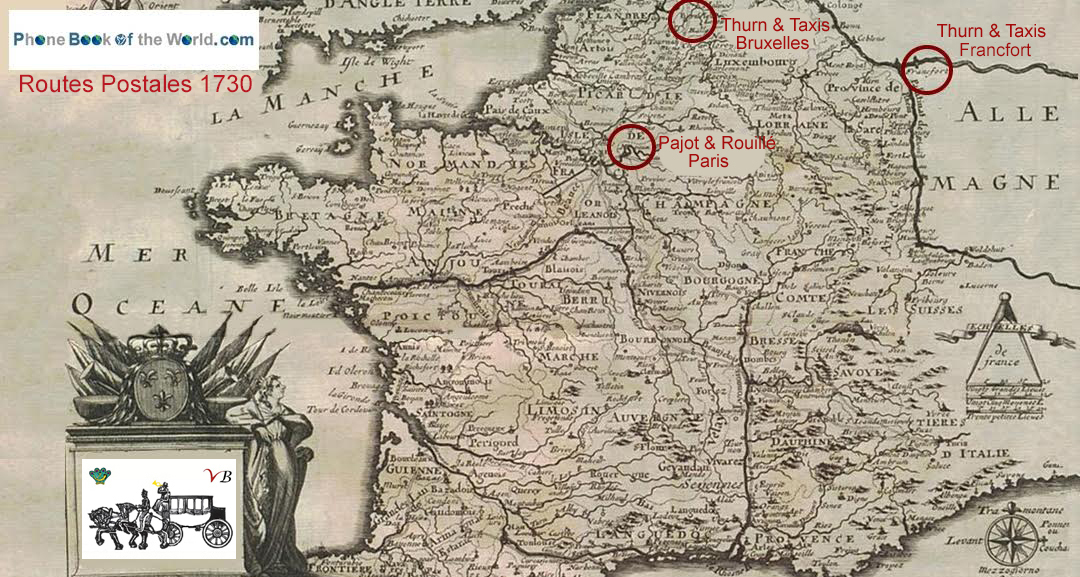 Post Roads in France around 1730, with headquaters of the Pajot & Rouill? and the Thurn & Taxis post