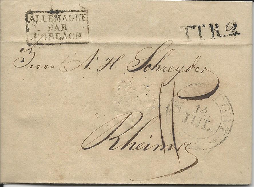 Letter send from Frankfurt to Rheims with Thurn & Taxis mail, 1825